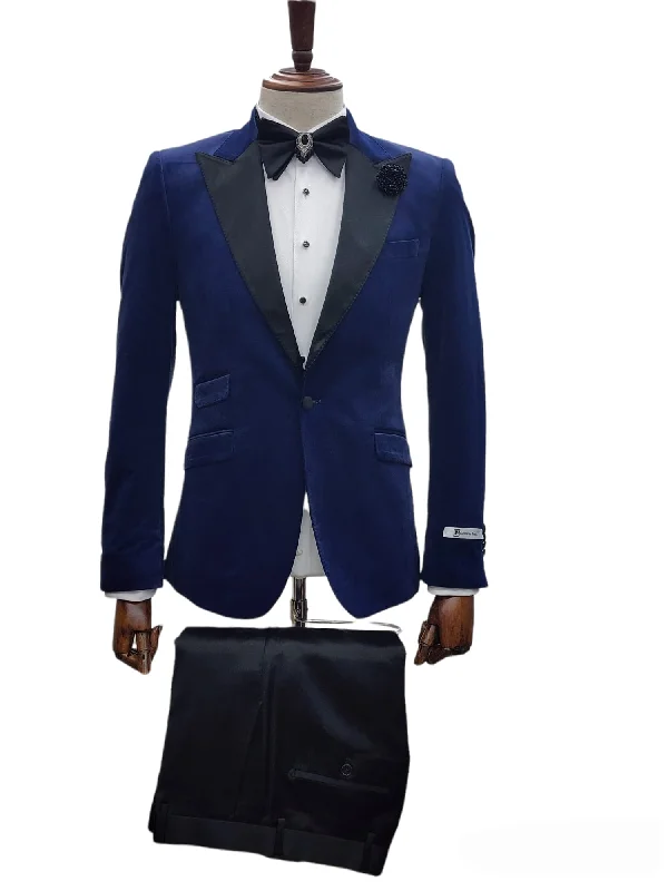 Men's slim fit grey tuxedo with satin lapels -Giovanni Testi 1 Button Slim Fit Stretch Velvet Tuxedo GTX1P-1925 BLUE