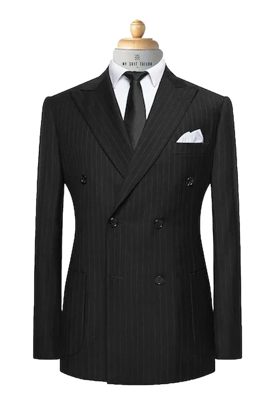 Men's high-end navy tuxedo for dinner events -Sharp Black Pinstripe Suit - Classic, Stylish, and Perfect for Formal Events