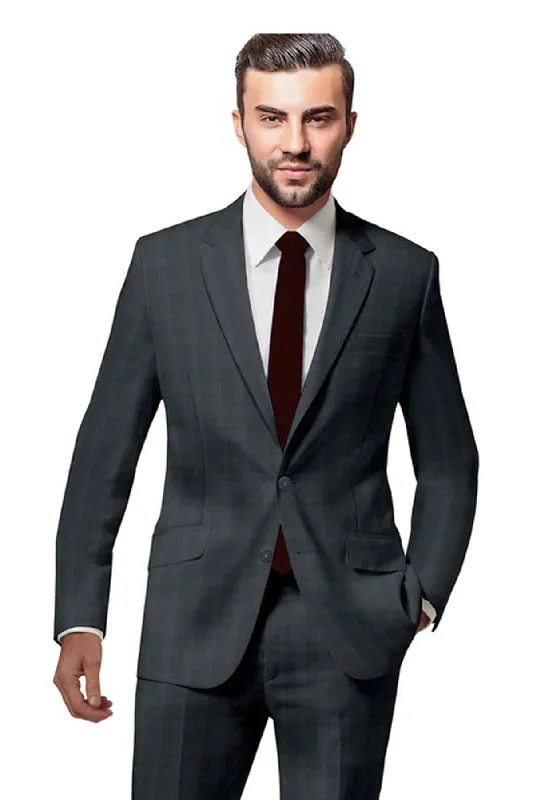 Men's slim fit black tuxedo with satin finish -Custom Dark Grey Plaid Suit for Men