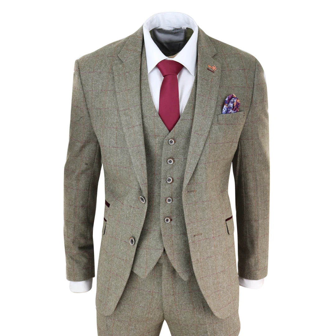 Best tuxedo for wedding party guests -Gaston - Men's Tweed Check Olive Green Wine Suit Wedding