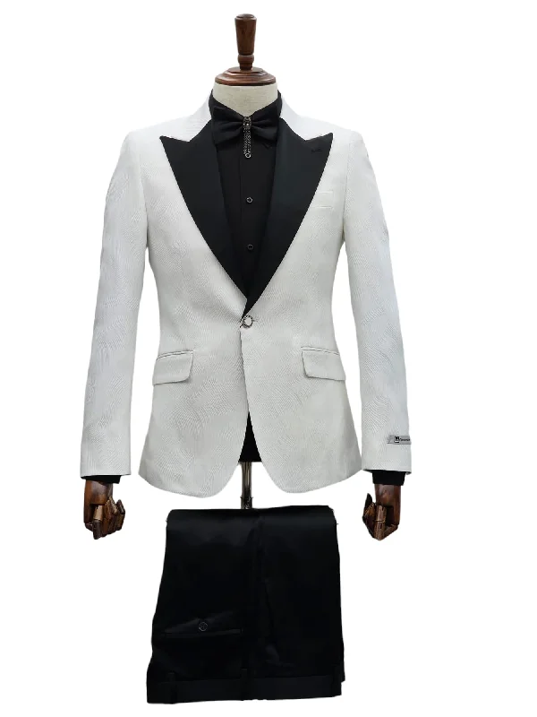 Men's premium black tuxedo for wedding -Giovanni Testi 1 Button Peak Satin Lapel Suit GT1PX-D566 White-Blk