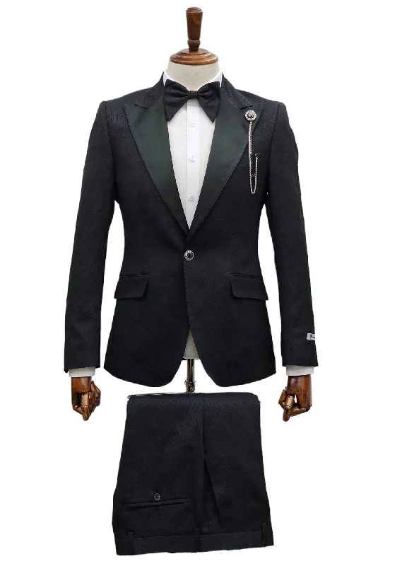 Men's tailored navy tuxedo with satin lapel -Giovanni Testi 1 Button Peak Satin Lapel Suit GT1PX-D566 Black