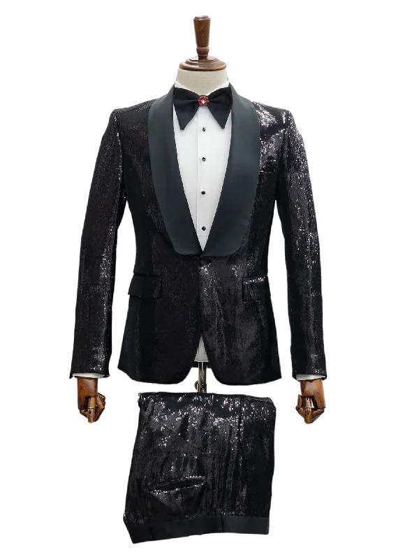 Men's wool tuxedo jacket for black tie event -Giovanni Testi 2 Button Slim Fit Shawl Lapel Sequin Suit GT1S-2008 Black