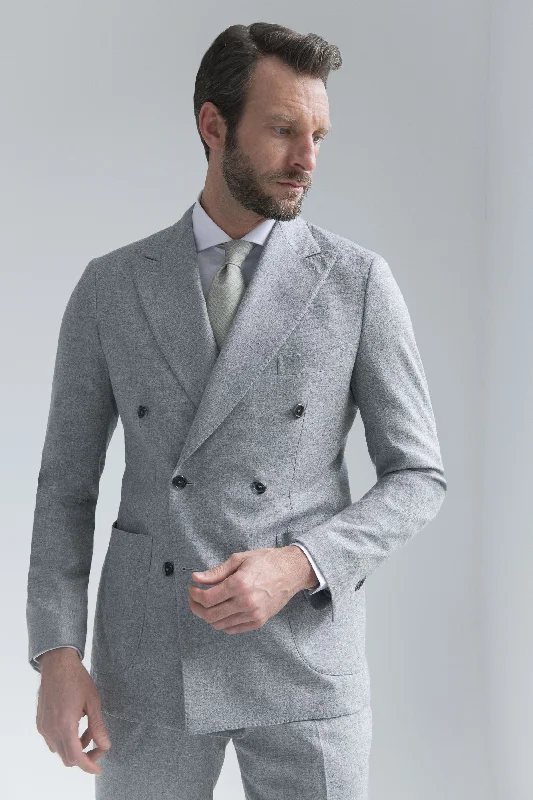 Men's designer tuxedo with satin collar -Grey wool and cashmere double breasted suit - Made in Italy