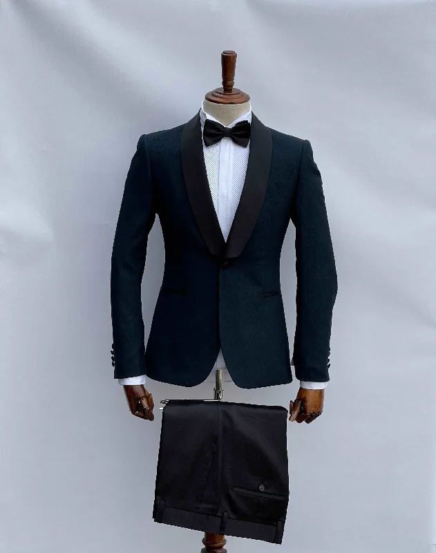 Men's slim fit tuxedo for formal reception -Giovanni Testi 1 Button Shawl Lapel Teal Tuxedo GT1CSX-5130 GREEN/BLACK