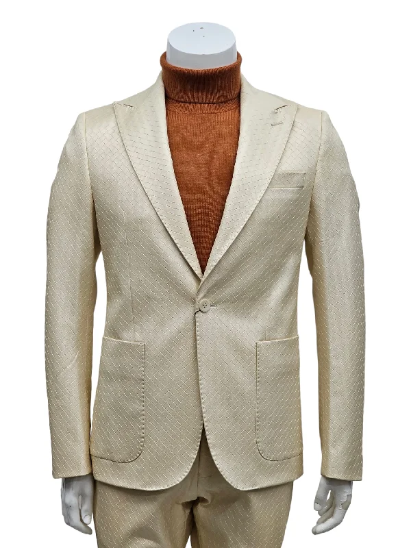 Men's wool tuxedo for evening formal event -Giovanni Testi 1 Button Peak Lapel Basket Weave Pattern Slim Fit Suit GT1P-LTD IVORY