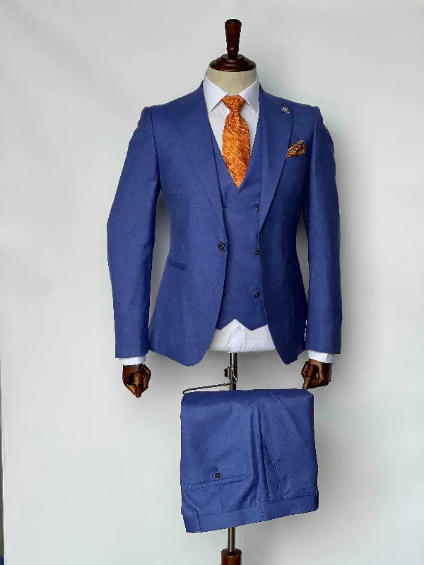 Men's modern tuxedo with satin collar -Giovanni Testi 1 Button 3 piece French Blue Slim Fit Suit GT1PA+V-1501 F.BLUE