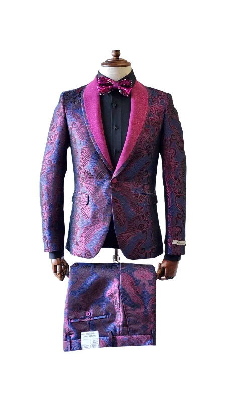 Men's classic black tuxedo jacket with bowtie -Giovanni Testi 1 Button Shawl Lapel Slim Fit Tuxedo GT1ST-1357 PINK/NAVY