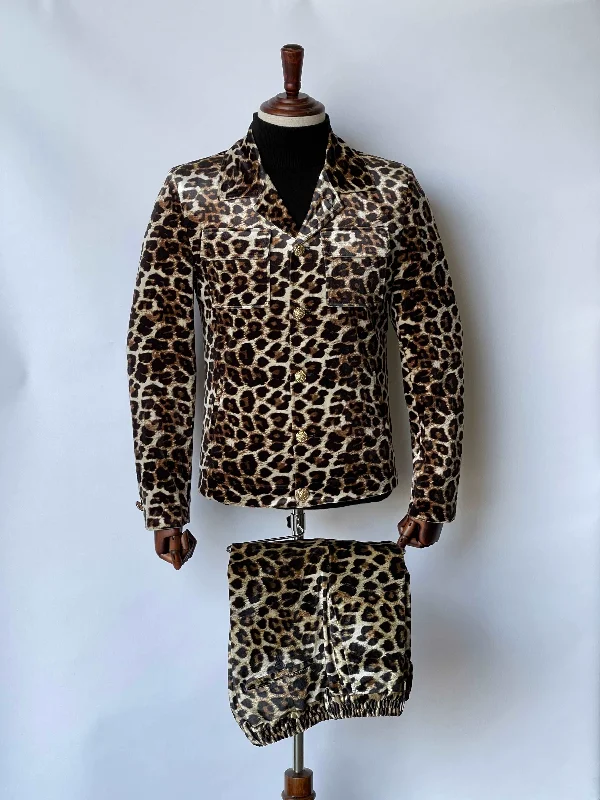 Men's designer tuxedo with satin lapel -Giovanni Testi Leopard Skin 2 Piece Set with patch pockets GTCJ-A2306 BLK/GOLD