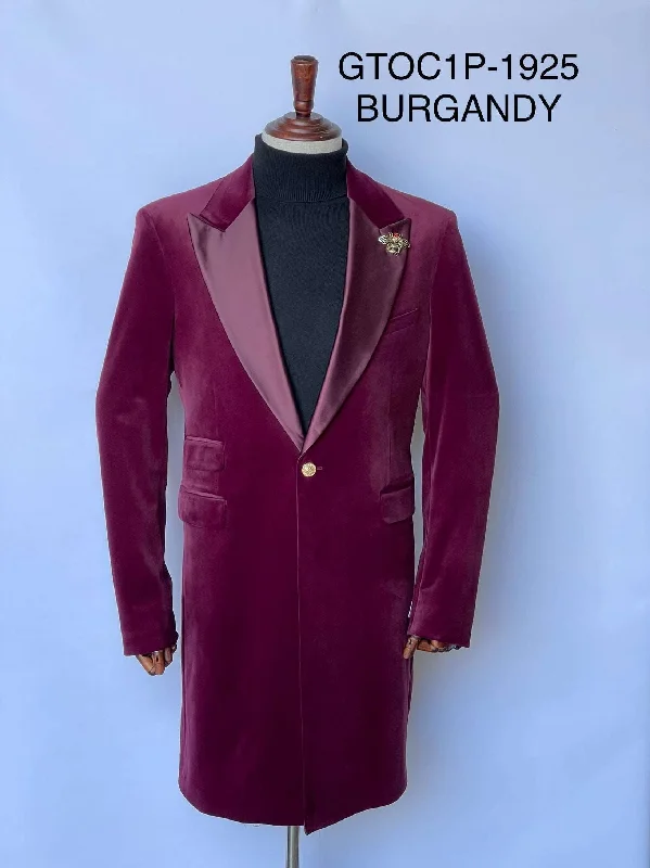 Men's business tuxedo jacket with bowtie -Giovanni Testi 1 Button Stretch Velvet Overcoat GTOC1P-1925 BURGUNDY