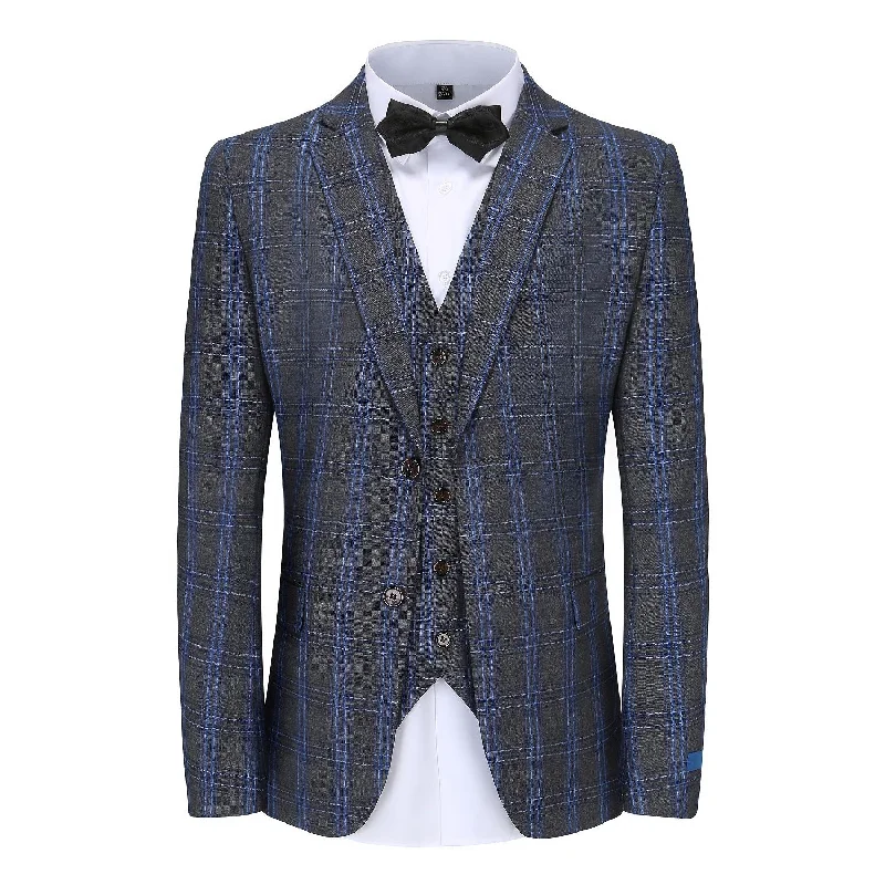 Men's business tuxedo for evening parties -Men's Slim-Fit 3PC Blue Contrast Check Plaid Suit