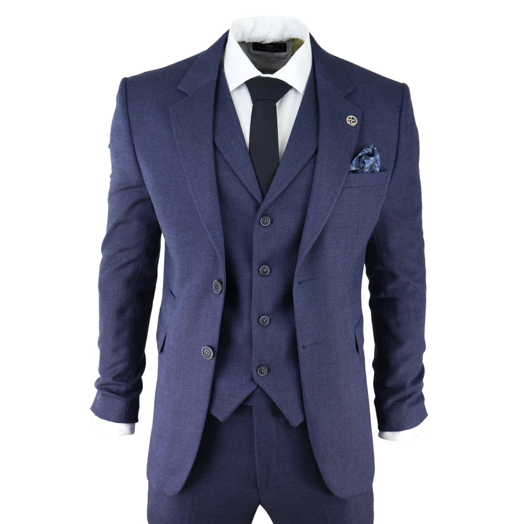 Men's business tuxedo for special occasions -AK-04 - Men's Herringbone Tweed 3 Piece Blue Suit Wedding Blinders