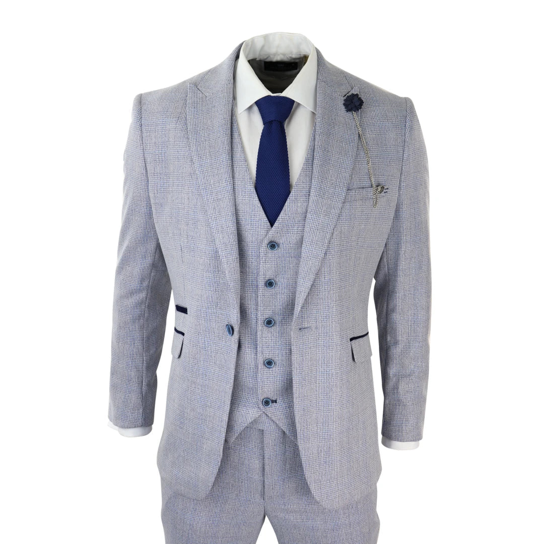 Men's tailored tuxedo for business networking -Caridi - Men's 3 Piece Check Suit Tweed Light Blue Wedding Peaky Classic