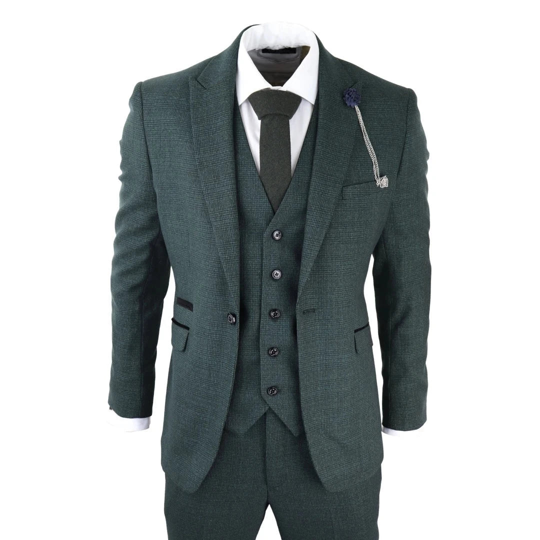 Men's slim fit tuxedo for evening party -Caridi - Men's 3 Piece Check Suit Tweed Olive Green Wedding Peaky Classic