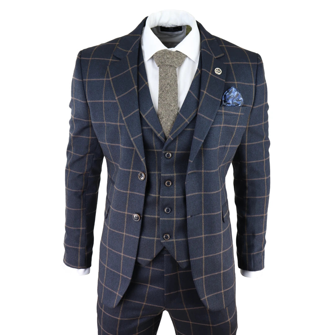 Men's charcoal tuxedo for office event -AK-15 - Men's Blue 3 Piece Suit Tan Check Classic Wedding Prom Peaky Tweed