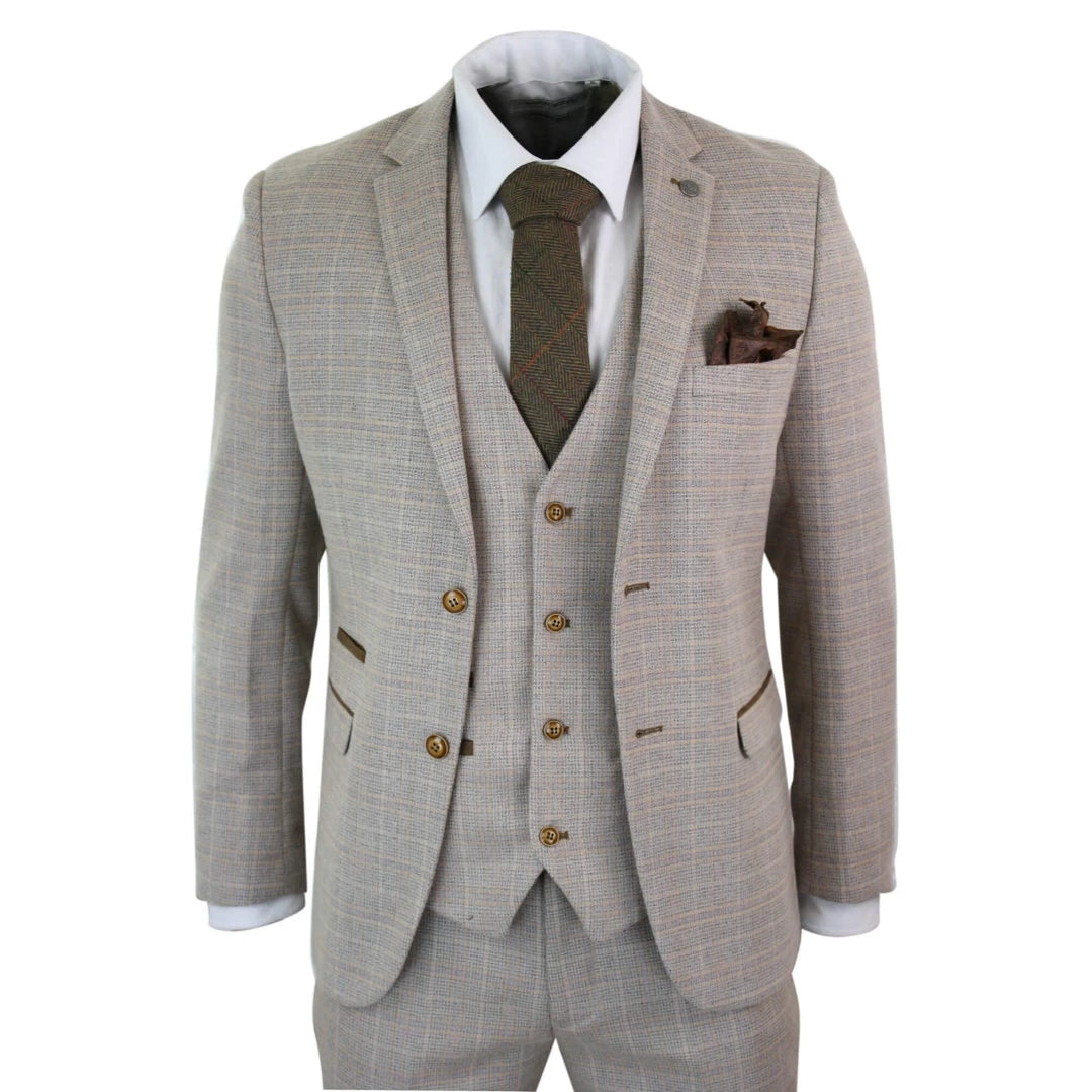 Men's tailored tuxedo for corporate dinner -holland - Men's Boys Check Tweed Beige Brown 3 Piece Suit Wedding Prom