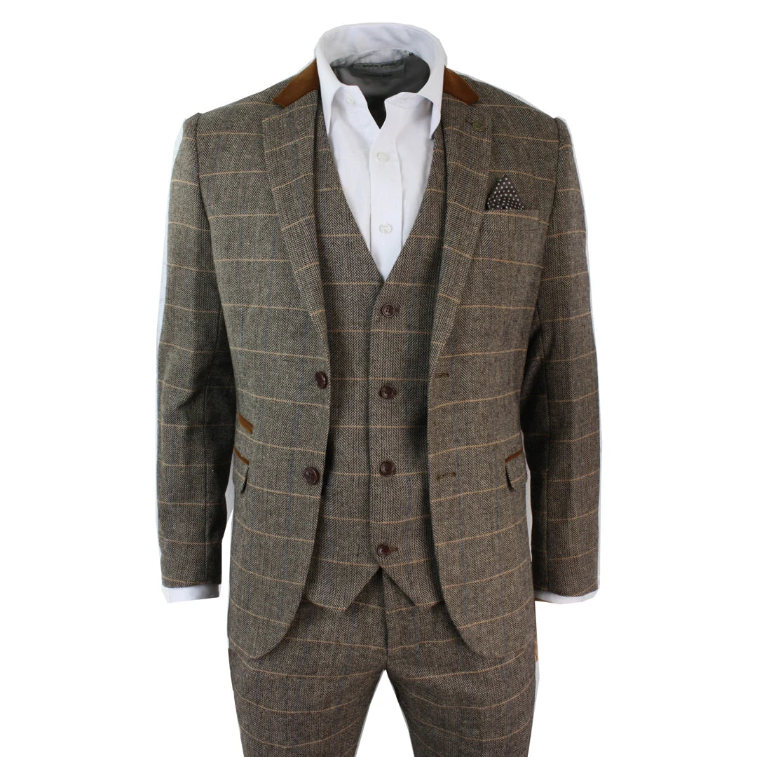 Men's slim fit tuxedo for wedding guests -dx7 - Men's Check Herringbone Tweed Tan Brown 3 Piece Suit Wedding