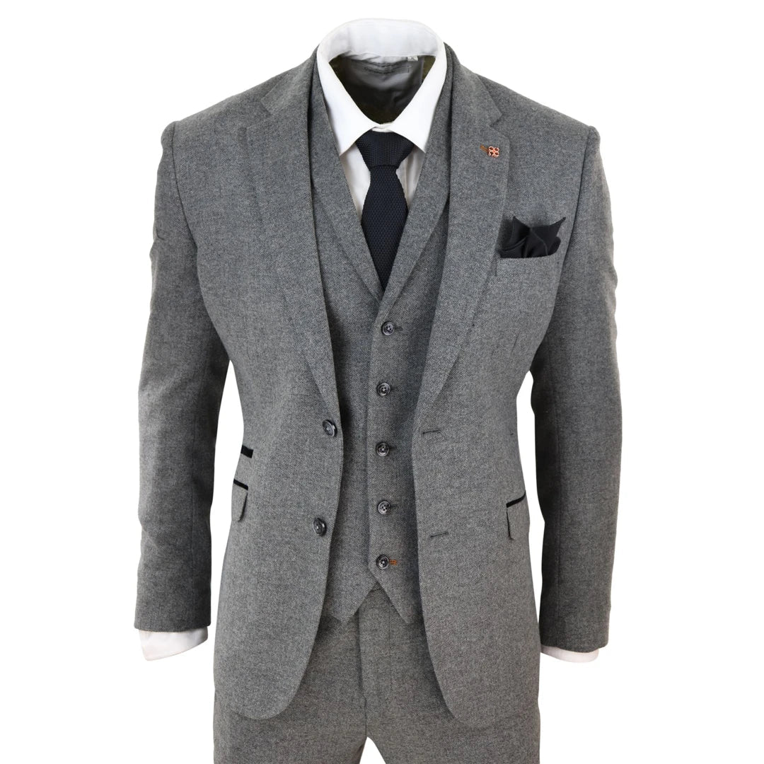 Best tuxedo for corporate dinner events -Martez - Men's 3 Piece Wool Suit Herringbone Tweed Dark Grey Formal Classic 1920s Wedding