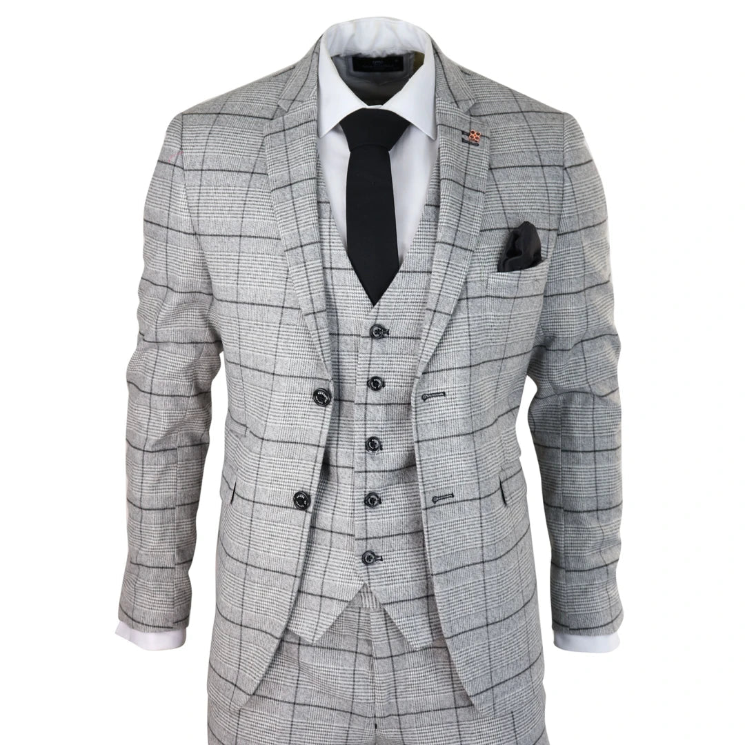 Men's slim fit wool tuxedo jacket for wedding -Ghost - Men's Grey Check Black Tweed 3 Piece Suit Classic 1920s Wedding