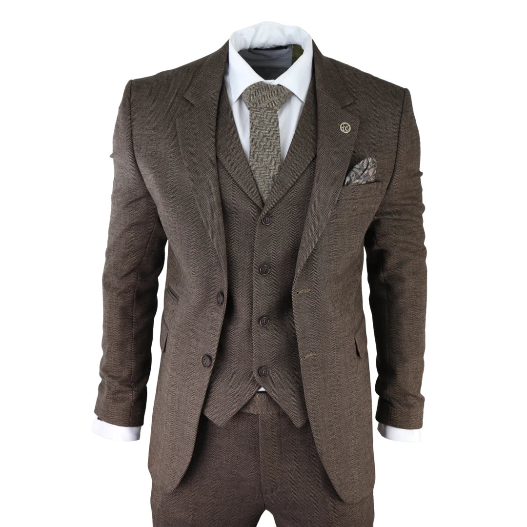 Men's luxury tuxedo rental for weddings -AK-06 - Men's Herringbone Tweed Brown 3 Piece Suit Wedding Blinders