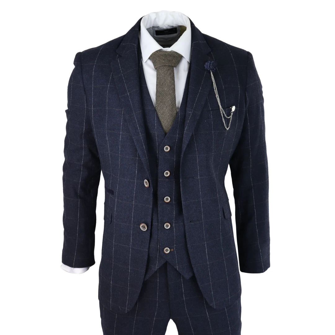 Men's grey tuxedo rental for business event -angels - Men's Navy Check 3 Piece Suit Wool Tweed Classic 1920s Wedding