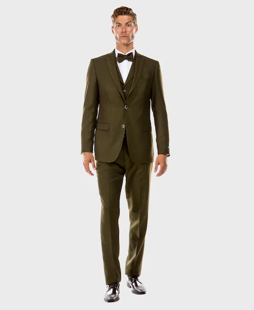 Men's slim fit business tuxedo for office party -Olive Tweed 3 Piece Suit