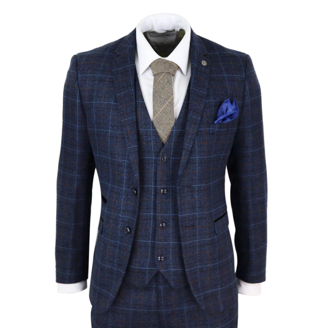 Men's wool tuxedo for formal evening events -Harvey - Men's Navy Blue Tweed Check 3 Piece Wedding Suit