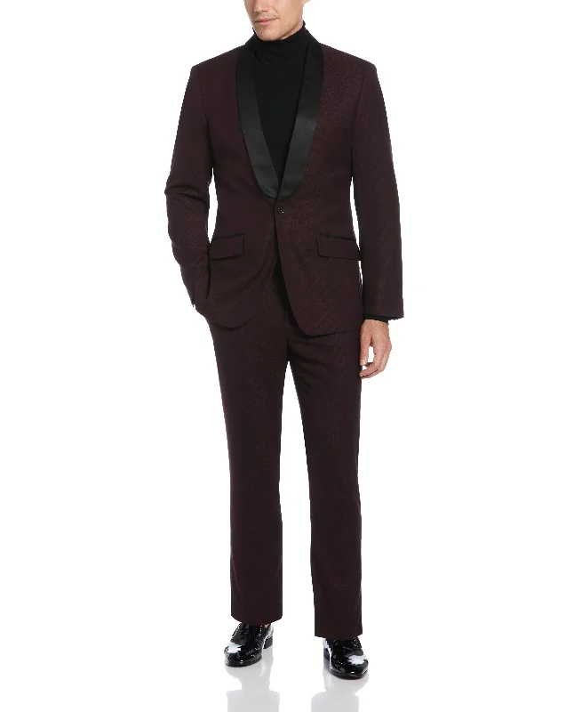 Men's slim fit wedding tuxedo with vest -Slim Fit Burgundy Textured Tuxedo