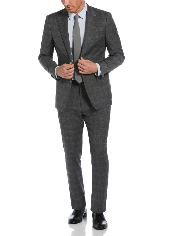 Men's grey tuxedo jacket for business party -Slim Fit Grey Peak Lapel Deco Plaid Suit