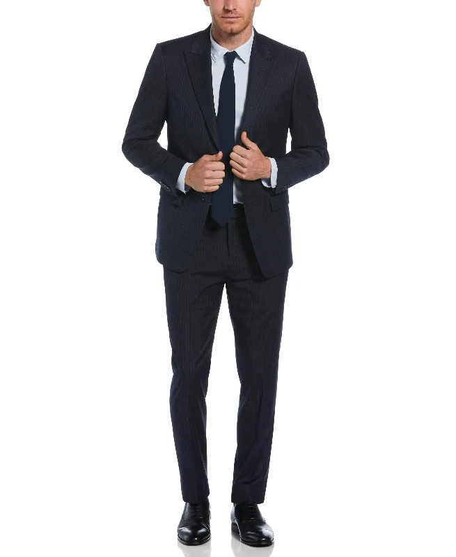 Men's business tuxedo for office gala -Slim Fit Navy Pinstripe Peak Lapel Suit