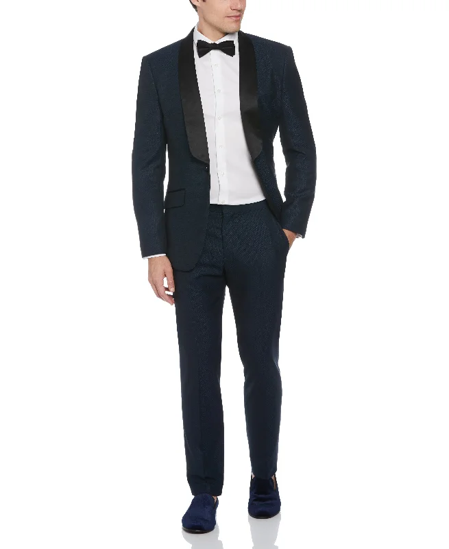 Men's slim fit tuxedo jacket for special events -Slim Fit Navy Textured Tuxedo