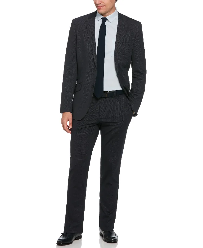 Men's business formal tuxedo rental -Slim Fit Stretch Pindot Navy Knit Suit