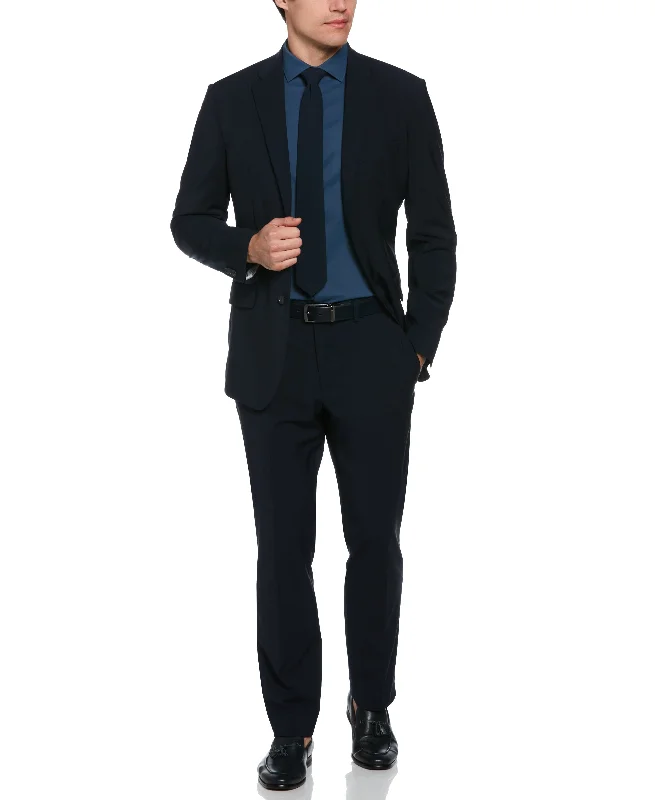 Men's grey wool tuxedo for business event -Slim Fit Textured Wool Deep Navy Suit