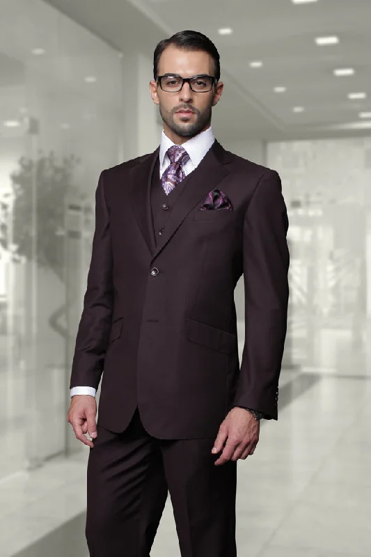 Men's business tuxedo for special occasions -Statement "Julian" Solid Eggplant 3-Piece Tailored Fit Suit