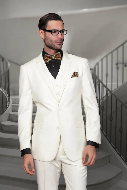 Men's slim fit wool tuxedo jacket for wedding -Statement "Julian" Solid Off-White 3-Piece Tailored Fit Suit