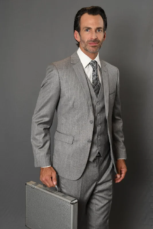 Men's modern wedding tuxedo for groom -Statement "Lorenzo 1" Solid Grey 3-Piece Slim Fit Suit