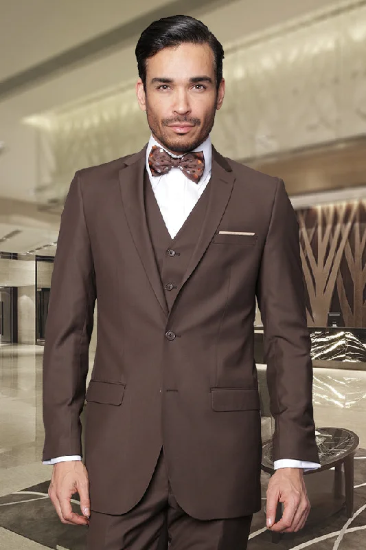 Men's classic wool tuxedo for dinner party -Statement "Lorenzo" Solid Brown 3-Piece Slim Fit Suit