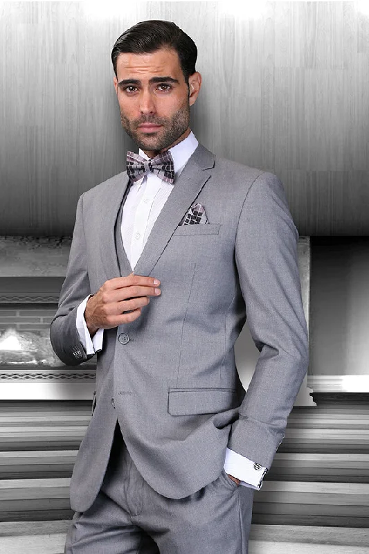 Men's wool tuxedo for black tie party -Statement "Lorenzo" Solid Grey 3-Piece Slim Fit Suit