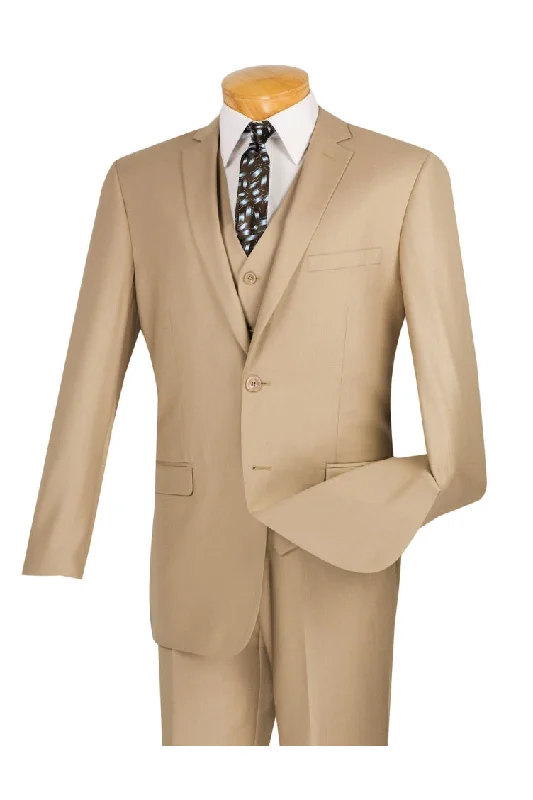 Men's wool tuxedo for formal business event -Vinci "Carmelo" Beige Slim Fit 3-Piece Suit