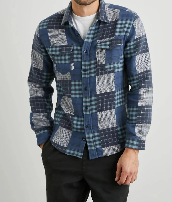 Men’s cotton plaid button-up shirt for work -Banton Button Down Shirt In Blue Patchwork