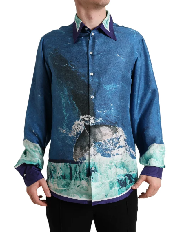 Men’s professional checked shirt -Dolce & Gabbana Elegant Ocean Print Silk Men's Shirt