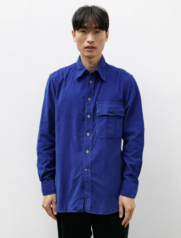 Men’s casual work checkered shirt -1 Pocket Officer's Shirt Electric Blue Needlecord