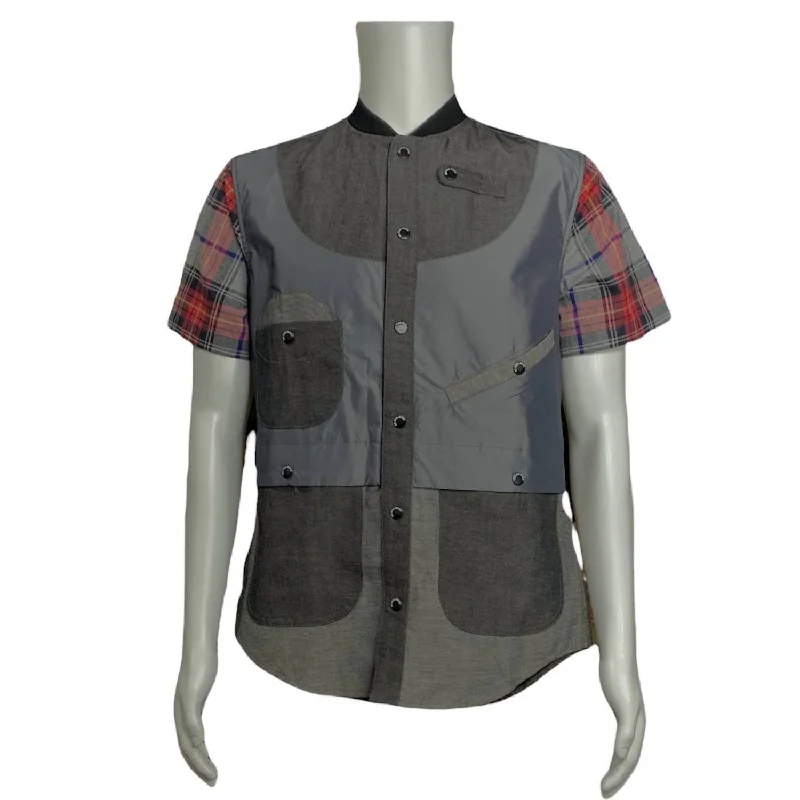 Men’s slim-fit business plaid button-up shirt -Men's Geometric Safari Shirt In Grey/red