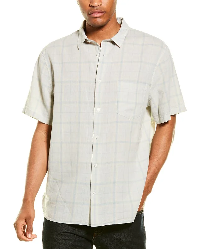 Men’s premium short sleeve plaid shirt -Vince Classic Fit Linen-Blend Woven Shirt