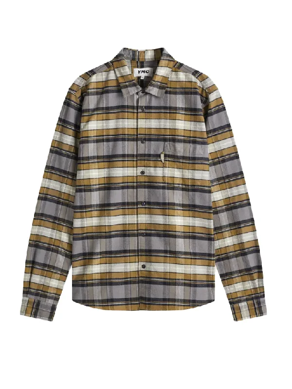 Men’s checkered plaid shirt for work -YMC Curtis Check Shirt in Olive Multi