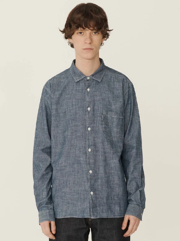 Men’s trendy plaid work shirt -YMC Curtis Shirt in Light Indigo